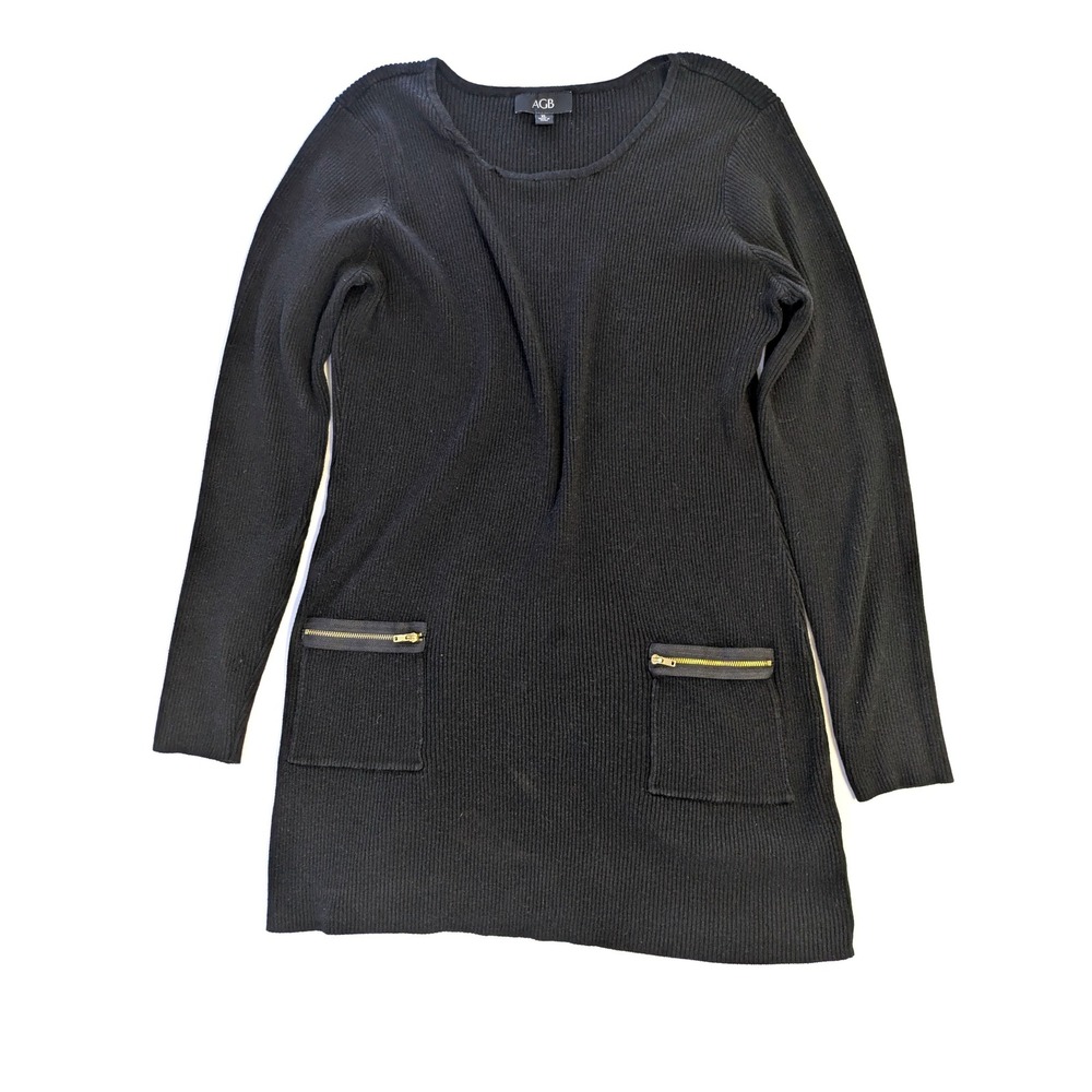 AGB Womens Black Ribbed Knit Tunic Sweater Gold Zipper Pockets XL